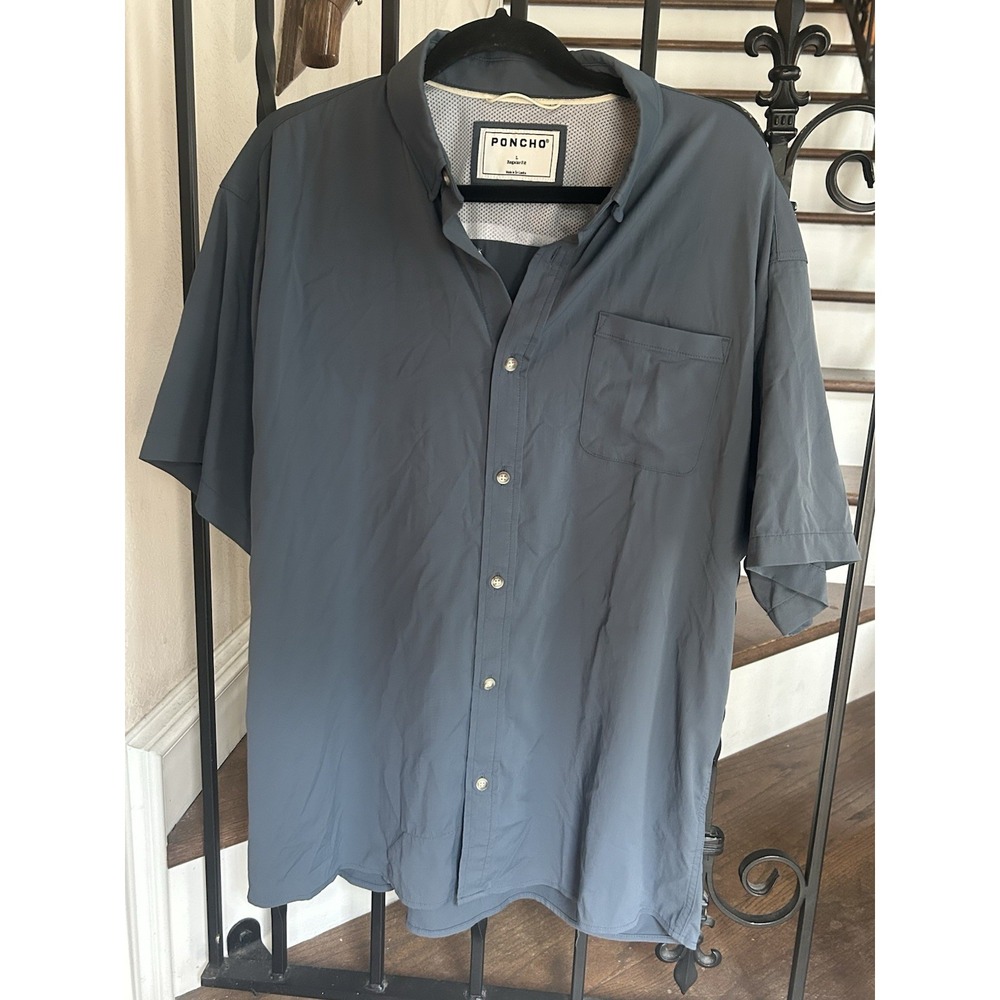 Men's Large Poncho Regular Fit Button Up Shirt Short Sleeve Gray